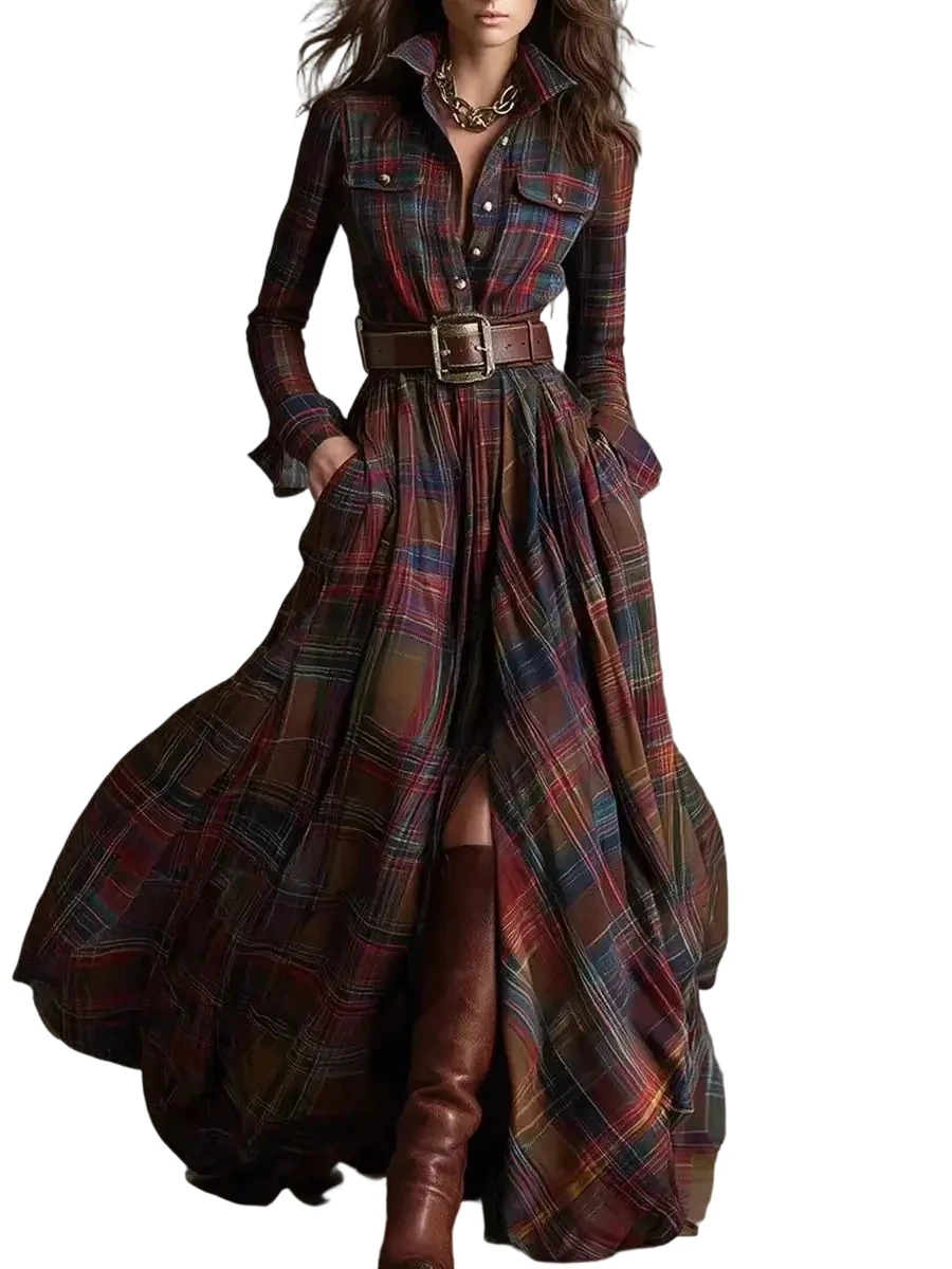 European American Women's Shirt Maxi Dress Autumn Casual Long Sleeve Button Pocket Plaid Print Lapel Retro Long Dress Vestidos
