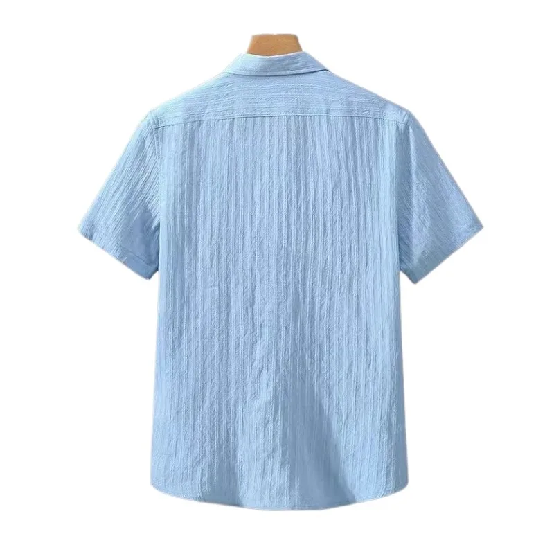 2025 Men's Clothing Short Sleeve Shirt Summer Linen Striped Jacquard Loose Fit Sun Protection UPF Breathable