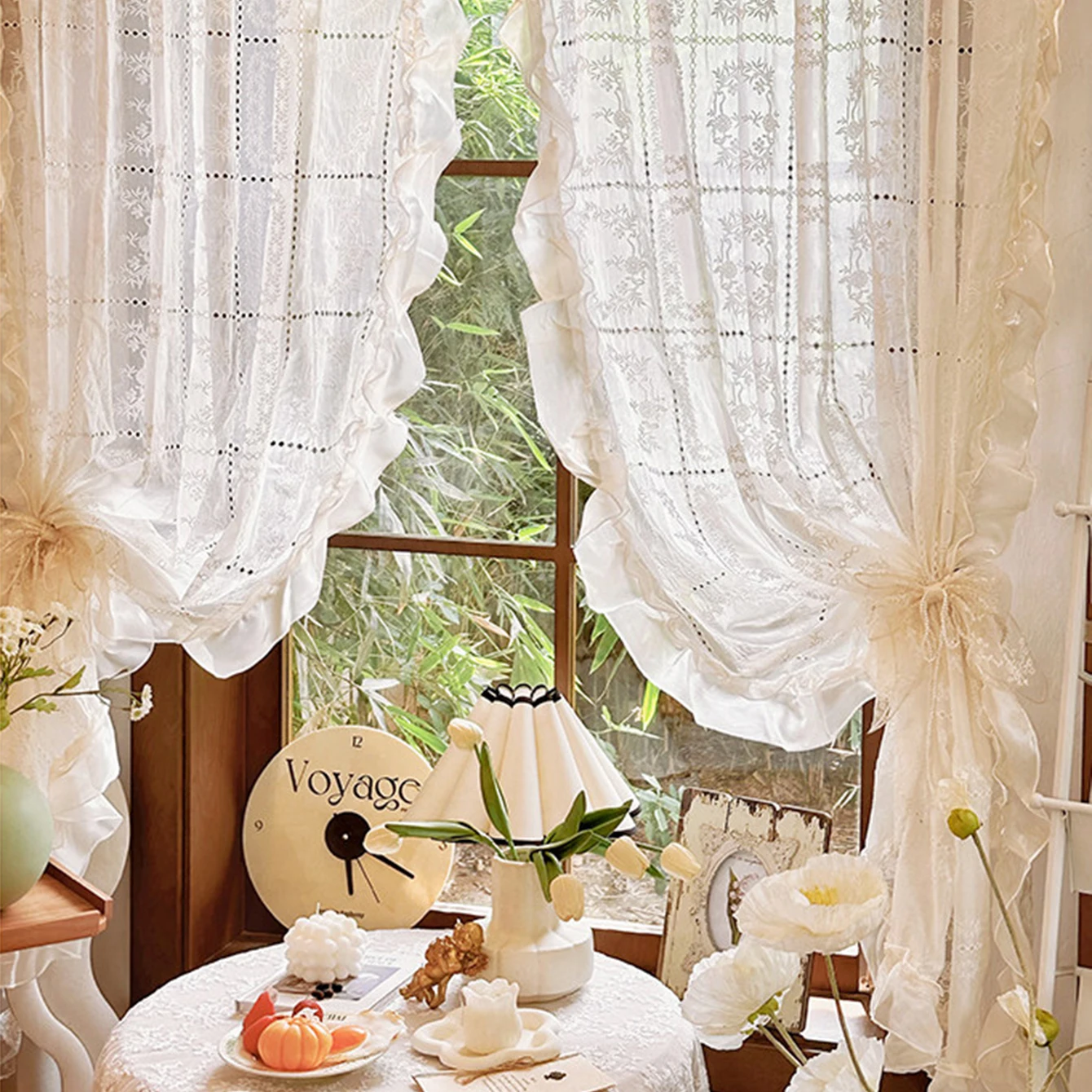 

French High-end Lace Transparent Curtain,Soft Colored Sheer Curtain For Living Room,Bedroom,And Home Curtains-Rod Pocket Process