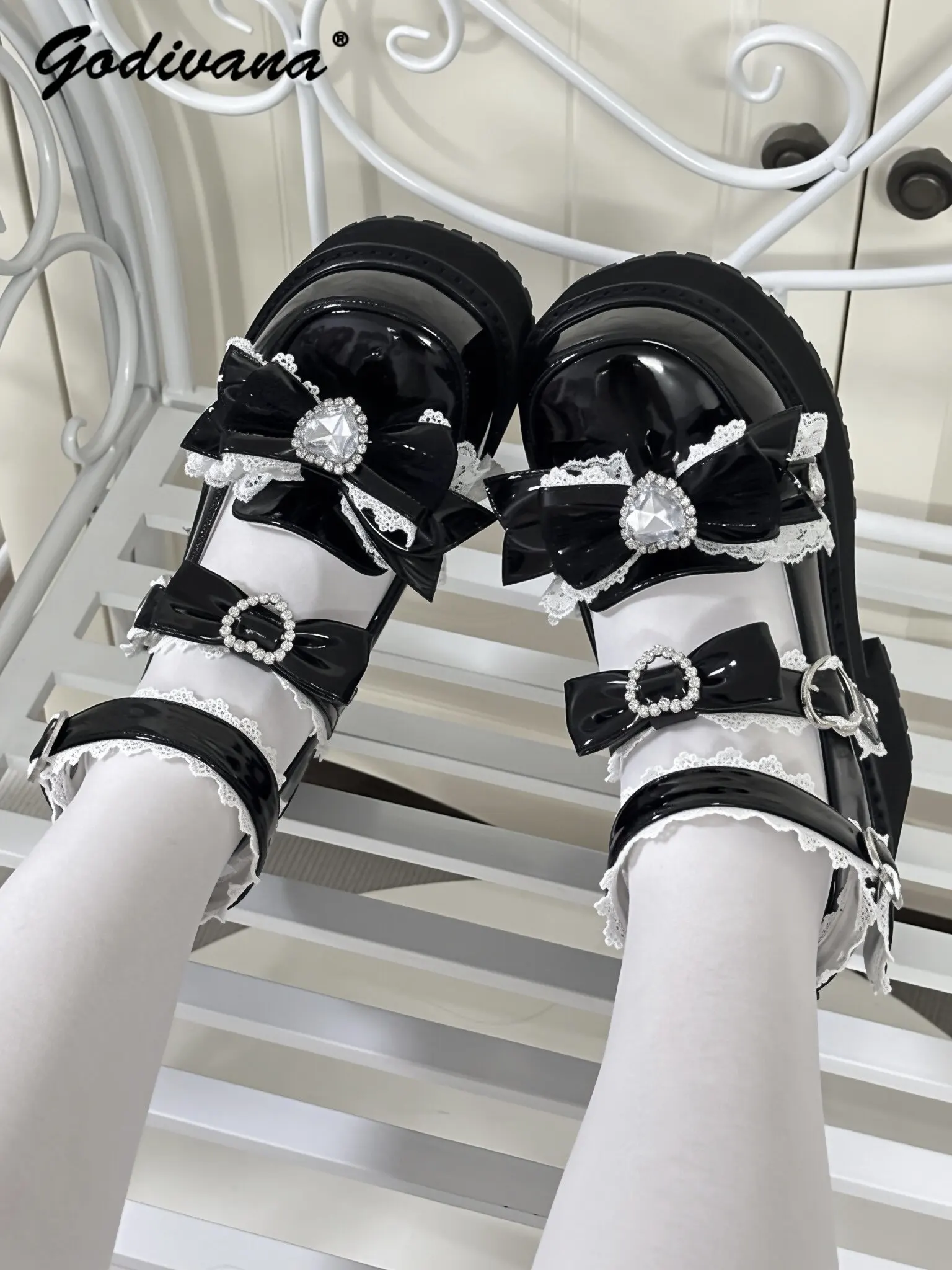 Original Japanese Style Love Rhinestone Bowknot Platform Shoes Subculture Lolita Chunky Sneakers Women's High Heel Pumps