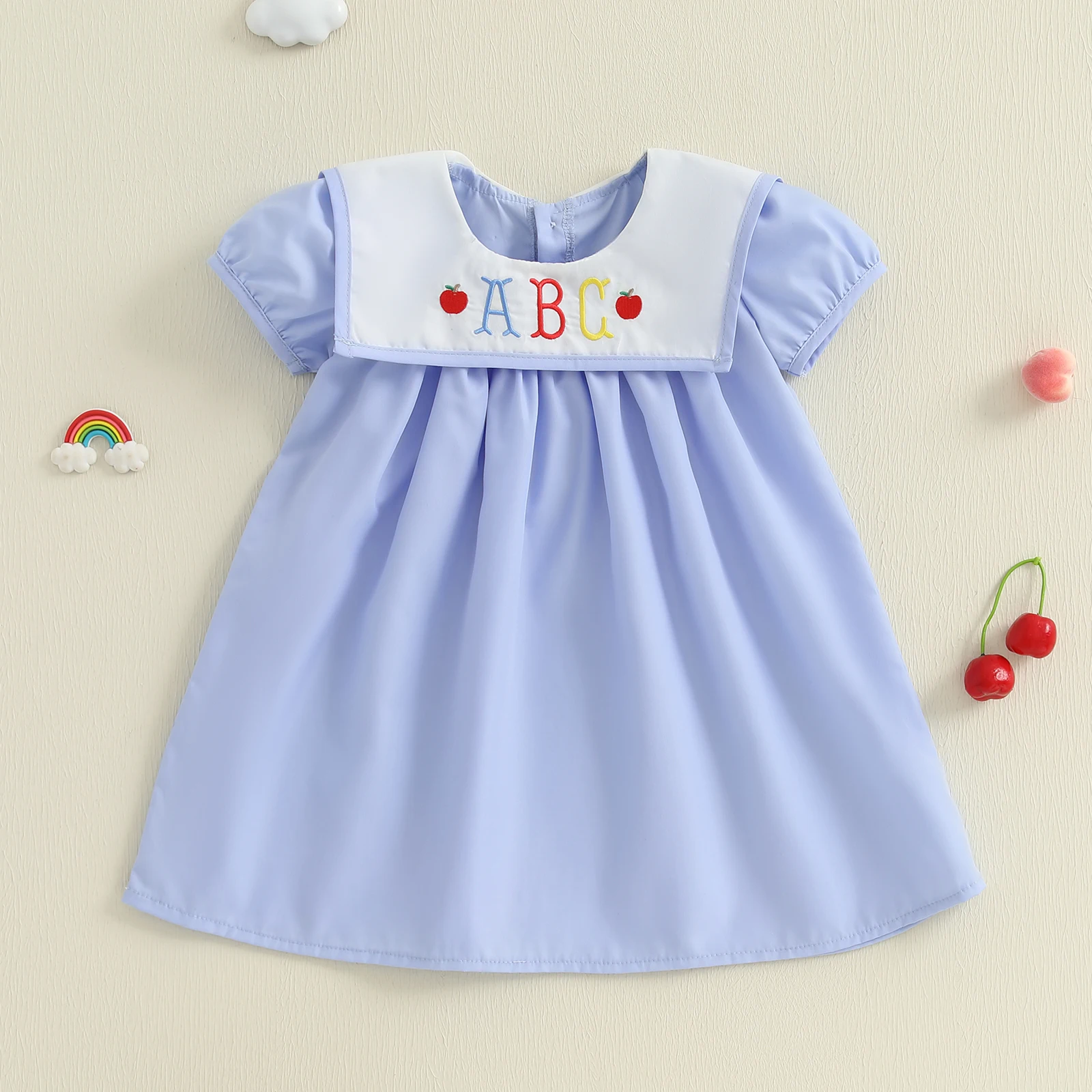 

2025-04-19 Lioraitiin Kids Girls Dress Letter Apple Embroidery Short Sleeve Back to School Casual Dress Toddler Summer Dress
