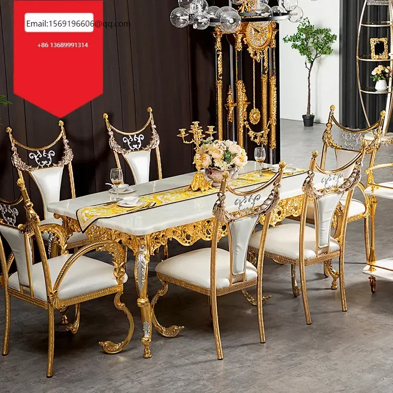 

Natural marble European classical dining table chair combination villa hollow carved rectangular furniture desig