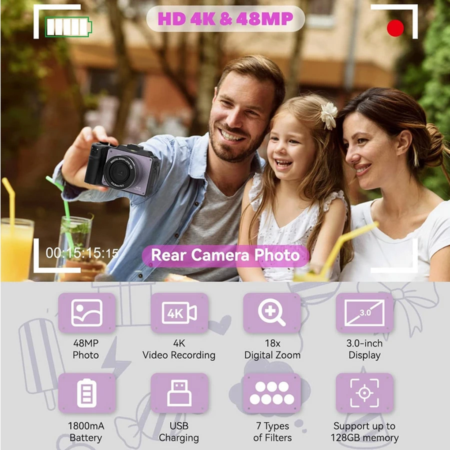 

48MP Camera for Photography,4K Digital Camera for Kids and Adults with Front and Rear Dual Cameras,18X Digital Zoom,Built-in 7 C