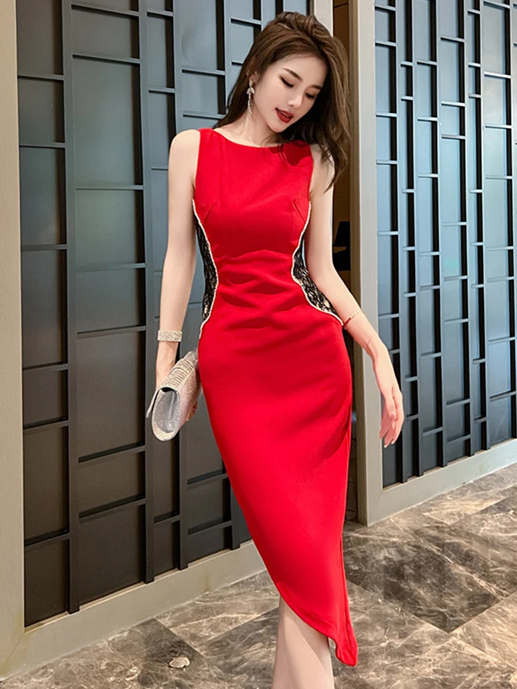 2023 Summer New Women Midi Dress Elegant Korean Sweet Black Red Dresses Lace Diamonds Irregular Robe Party Office Vestidos Mujer