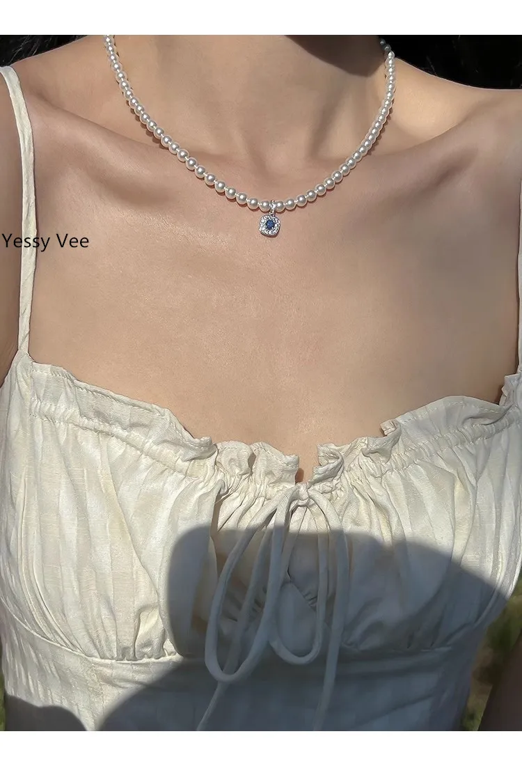 Yessy Vee Women Blue Gemstone Necklace Spting Summer Top Quality 925 Silver White Gold Pearl Necklace Exquisite Luxury Choker