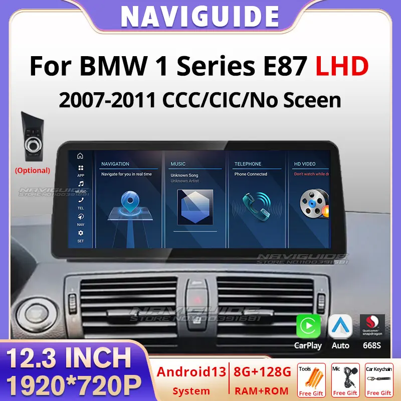 NAVIGUIDE 12.3'' For BMW 1 Series E87 LHD 2007-2011 CCC/CIC/No Sceen Car Carplay Radio Multimedia Player Headunit WIFi DSP Navi