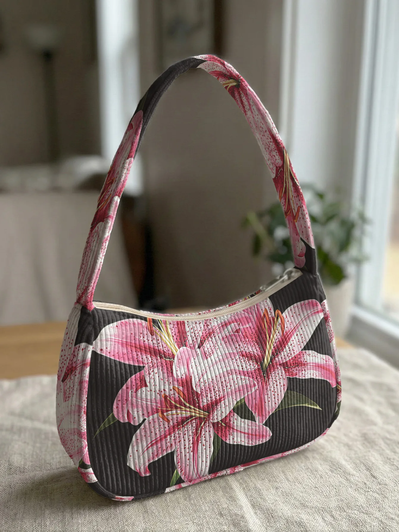 Trendy Pink Lily Print Shoulder Bag, Black Corduroy Underarm Bag for Daily Casual Use