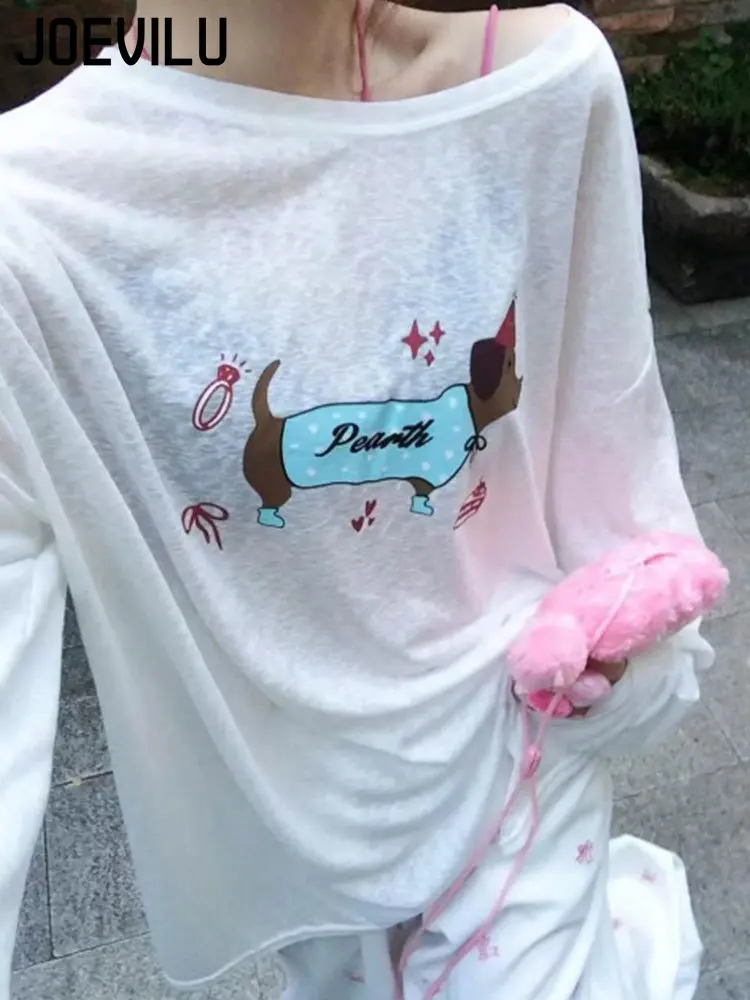 Verão feminino branco puro dachshund impressão solta magro-ajuste manga longa camiseta proteção solar cover-up doce sexy casual preguiçoso topo