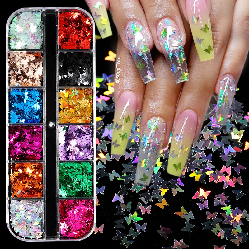 12 Grids Aurora Iridescent Butterfly Nail Glitters Flakes Chrome Powder Reflective Star Nail Sparkles Gel Polish Decoration