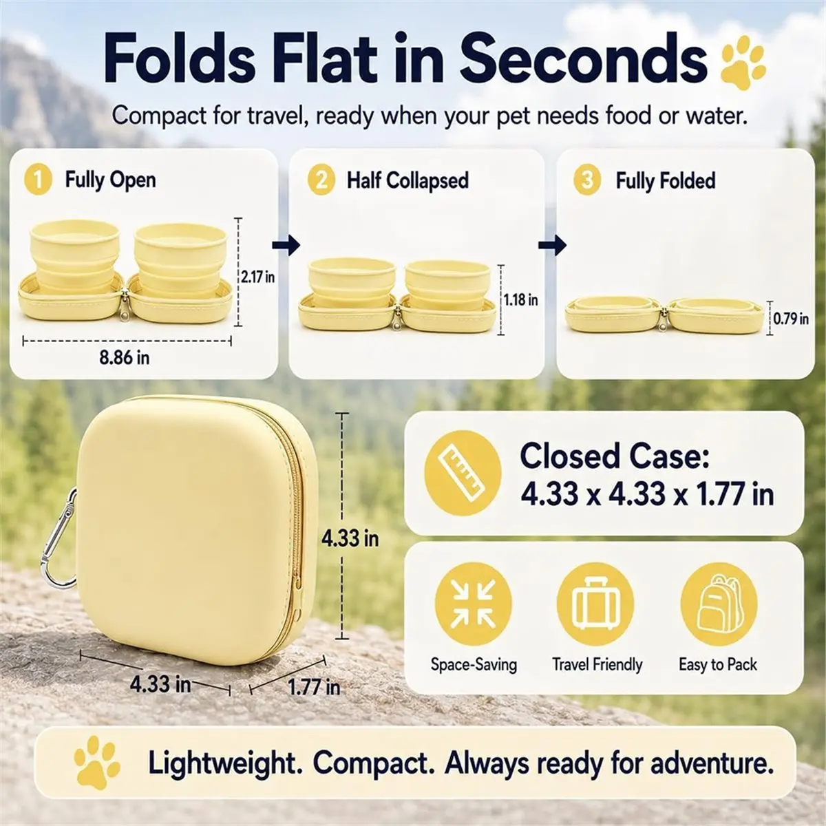 2-in-1 Collapsible Dog Bowls, Portable Silicone Double Pet Travel Bowl with Carabiner Clip for Camping Hiking