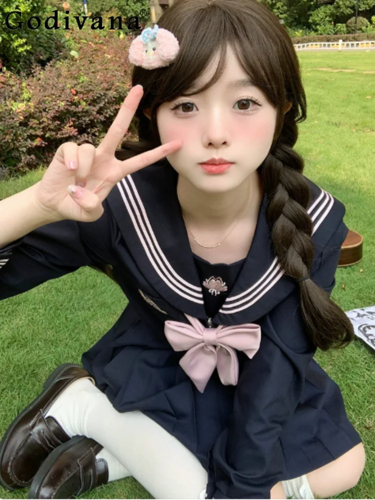 

Sweet Japanese Sailor Sets Cute Jk Long Sleeve Navy Collar Shirt Fashion High Waist A-line Age-reducing College Pleated Skirt