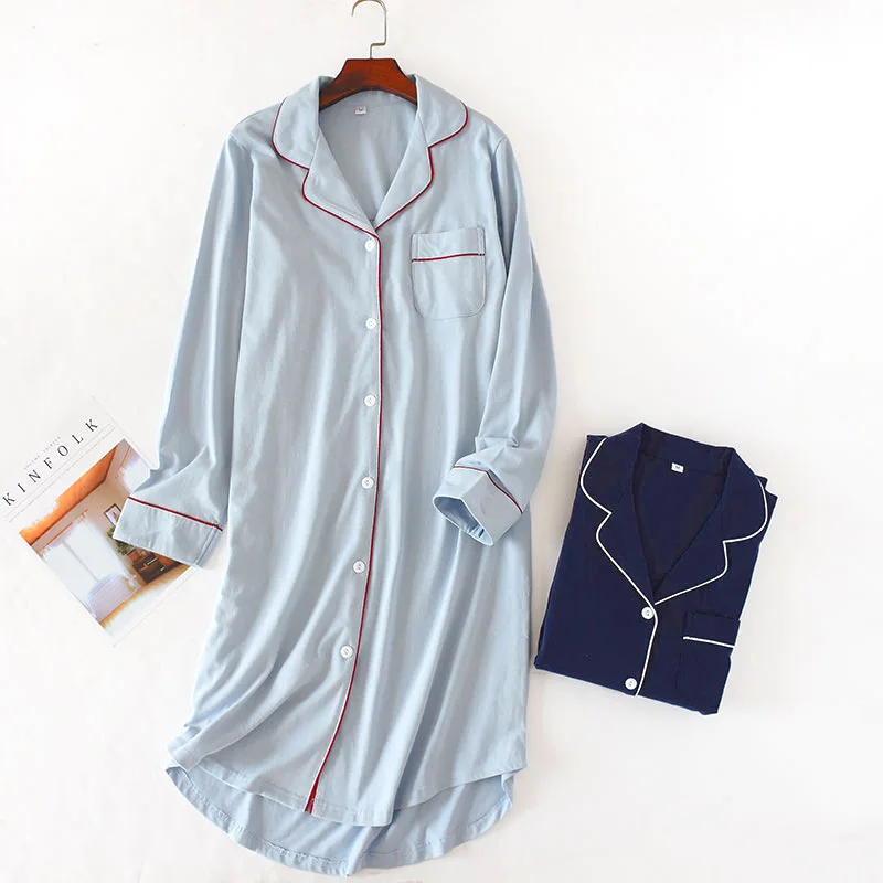 Cotton Knitted Long Sleeved Sleeping Cardigan Shirt Dress for Women Spring and Autumn Medium Length Night Wears for Women