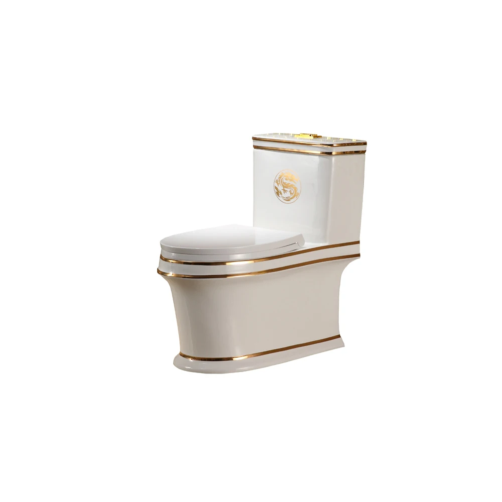 Luxury Design Golden And White Colour Freestanding Ceramic One Piece Toilet