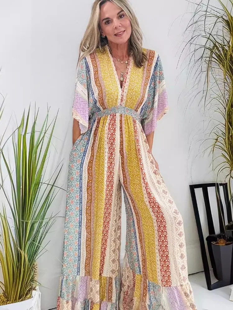 Kombinezon damski Bohemian Print V-Neck Jumpsuit Oddychający letni jesienny kombinezon Romper Spodnie z szerokimi nogawkami Damski luźny zestaw z