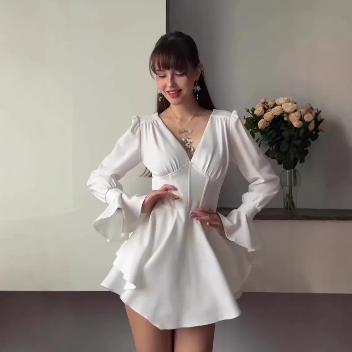 

Elegant Vintage Long Sleeve Court Dress Spring Summer Mini Dresses Women Sweet Retro Party
