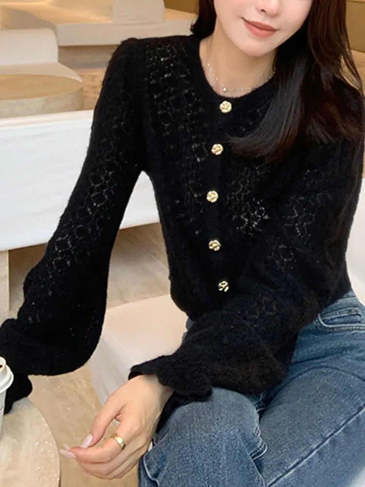 Fashion Elegant Knitted Cardigan Women\'s 2023 Thin Crochet Hollow Out Flare Sleeve Top Round Neck Gold Button Long Sleeve Coat