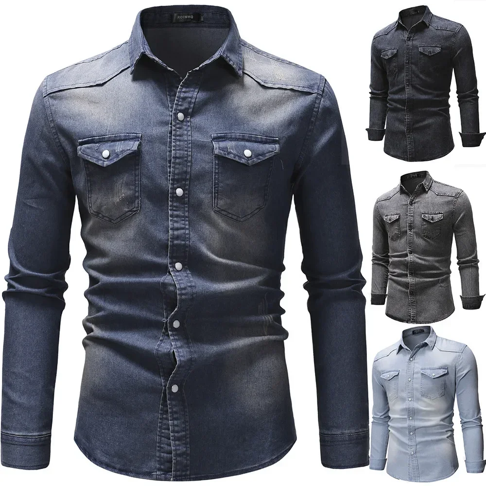 

2023 New Retro European and American Simple Long Sleeved Denim Shirt Men's Large Shirt