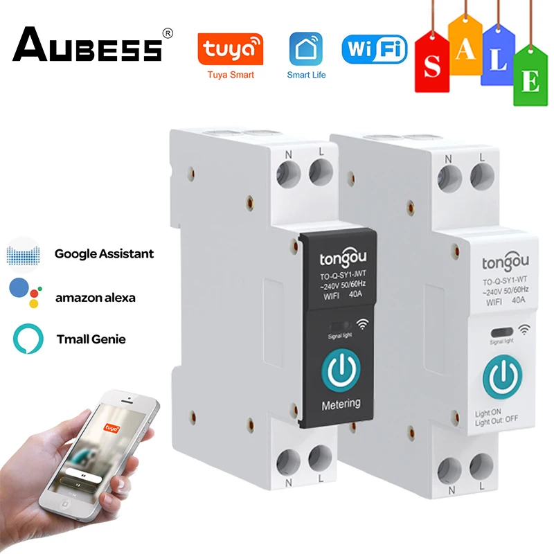 Aubess WIFI Smart Circuit Breaker With Metering 1P 63A DIN Rail Tuya Smart Home Wireless Remote Control Switch By APP TONGOU