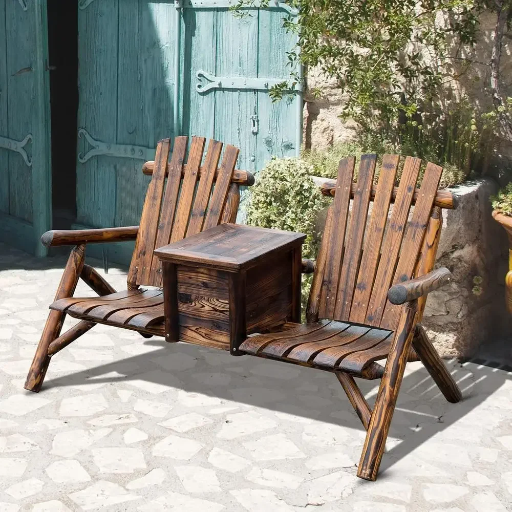 Rustic Brown Double Outdoor Adirondack Loveseat with High Backrest and Ice Bucket