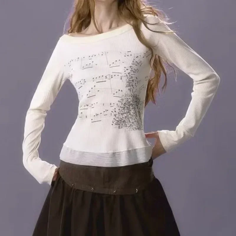 Damen Langarm Top Baumwolle T-Shirts Musik Partitur Print Y2k Tops Grafik T-Shirt Trend Slim T-Shirts für Frau Fee Kleidung E-Girl