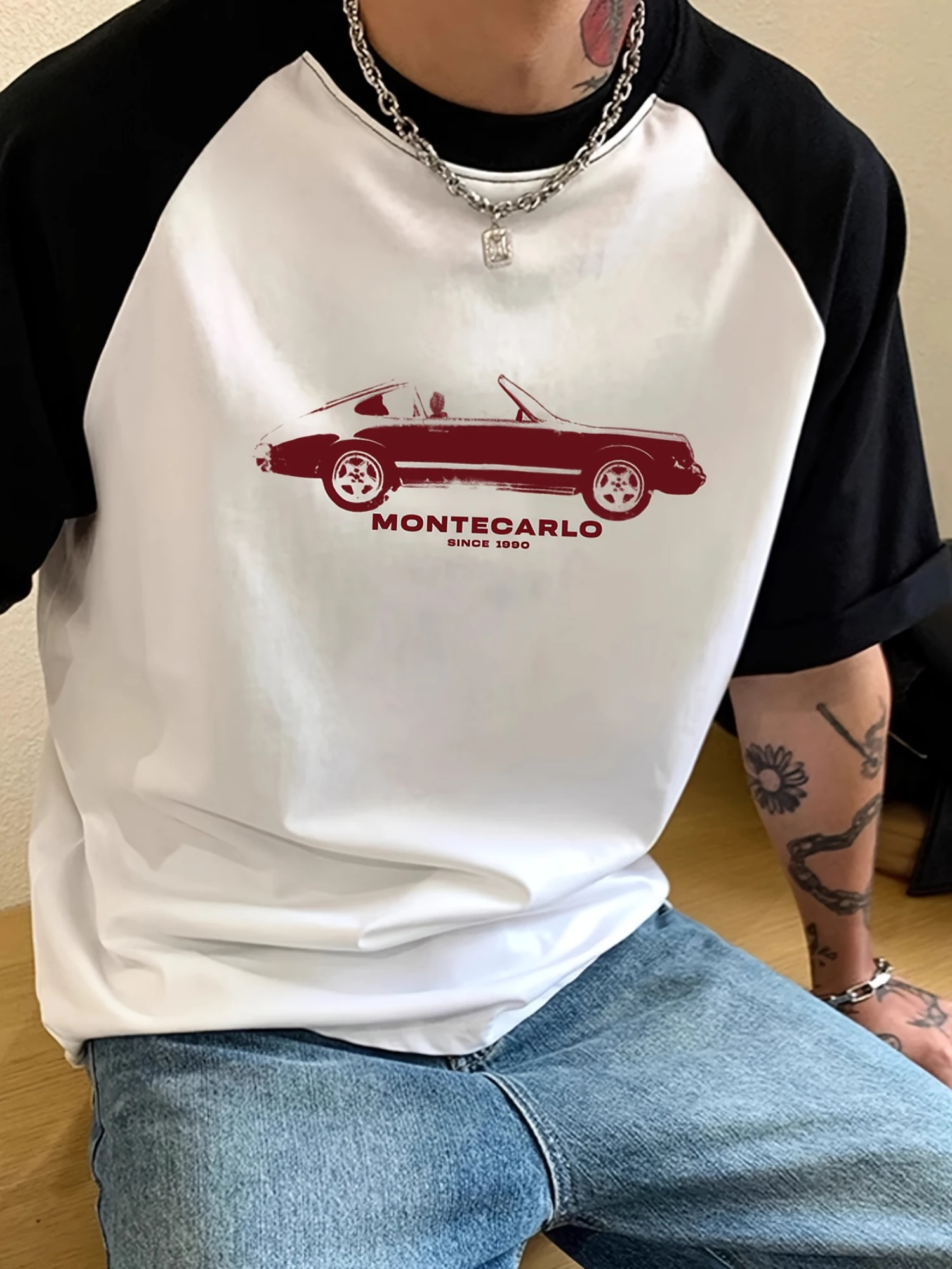Summer New Men's Vintage Car Graphic Print Raglan Short Sleeve T‑shirt Loose Retro Street Trendy Casual Daily out sports Tops
