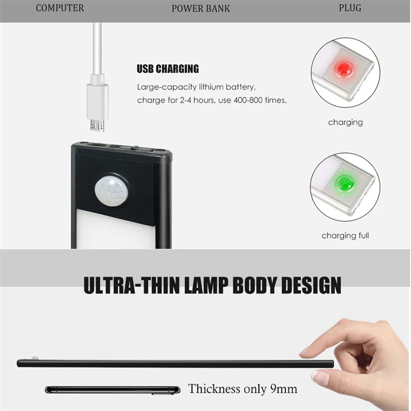 Night Light Motion Sensor LED Lamp PIR Under Cabinet Light USB Rechargeable Magnetic Lamp 3 Color Stepless Dimming Nightlight