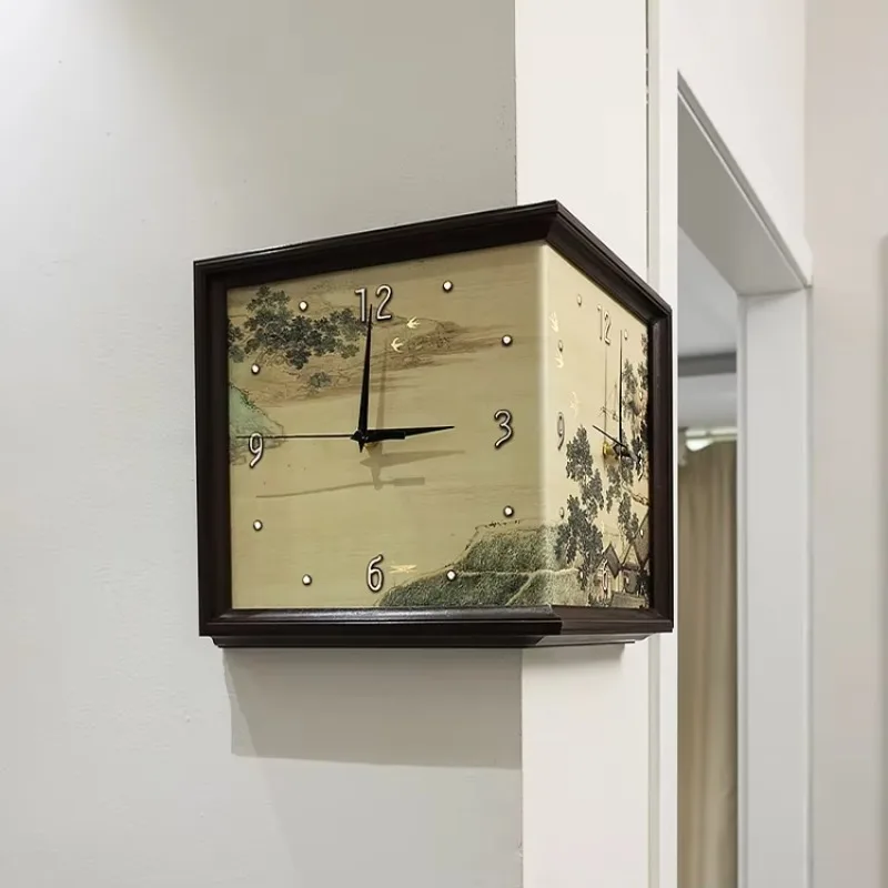 

Mid-Ancient Style Retro Corner Double-Sided Hanging Clock Mechanical Display for Living Room Wall