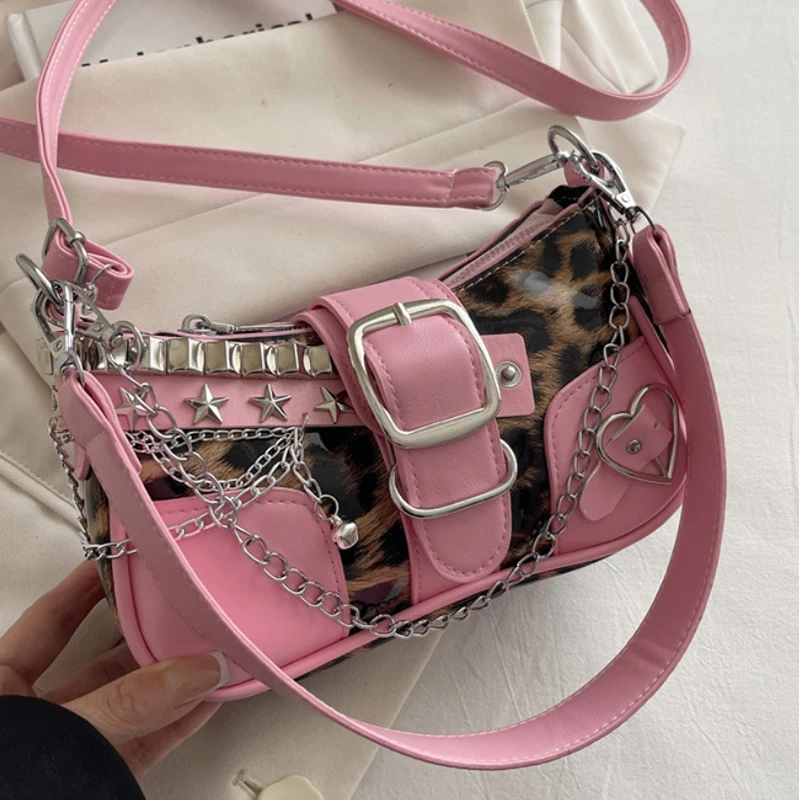 Y2k Mädchen-Umhängetasche mit Nieten und Leopardenmuster, Handtasche im Motorrad-Stil mit Metallnieten und Gürtelschnalle, Damen-Umhängetasche – Detail 9