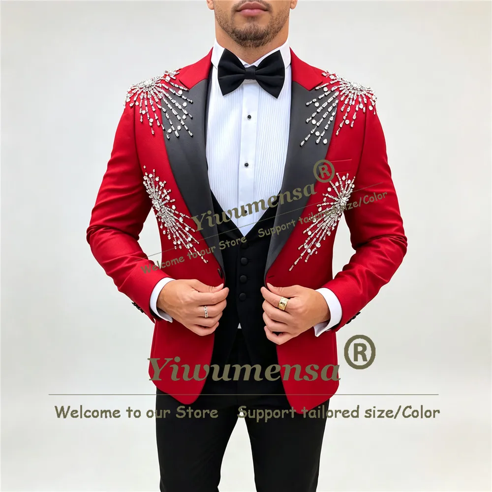Luxury Men's Suits And Separates For Wedding Crystals Stones Prom Blazer Customized Man Tuxedo 3 Piece Sets Trajes Para Hombre