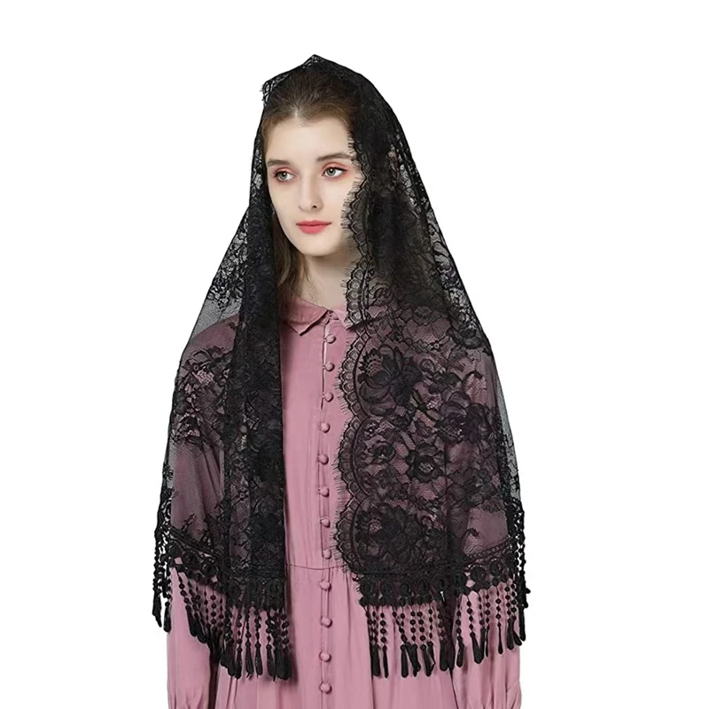 Lace Christian Veils For Church Black Spanish Musim Head Covering Shawel For Women Latin Mass Chapel Catholic Veils For Bride