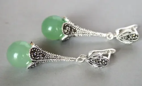 RARE 925 STERLING  NATURAL GREEN stone BEADS MARCASITE EARRINGS 14/5inchLuxury Girls Wedding