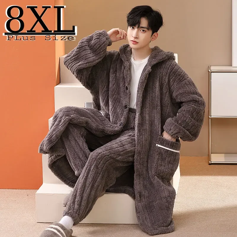 Men Coral Fleece Robe Set Winter Plus Size Kimono Thick Warm Bathrobe Flannel Men Robe Cold Pijama Hombre Cardigan Robes Gown