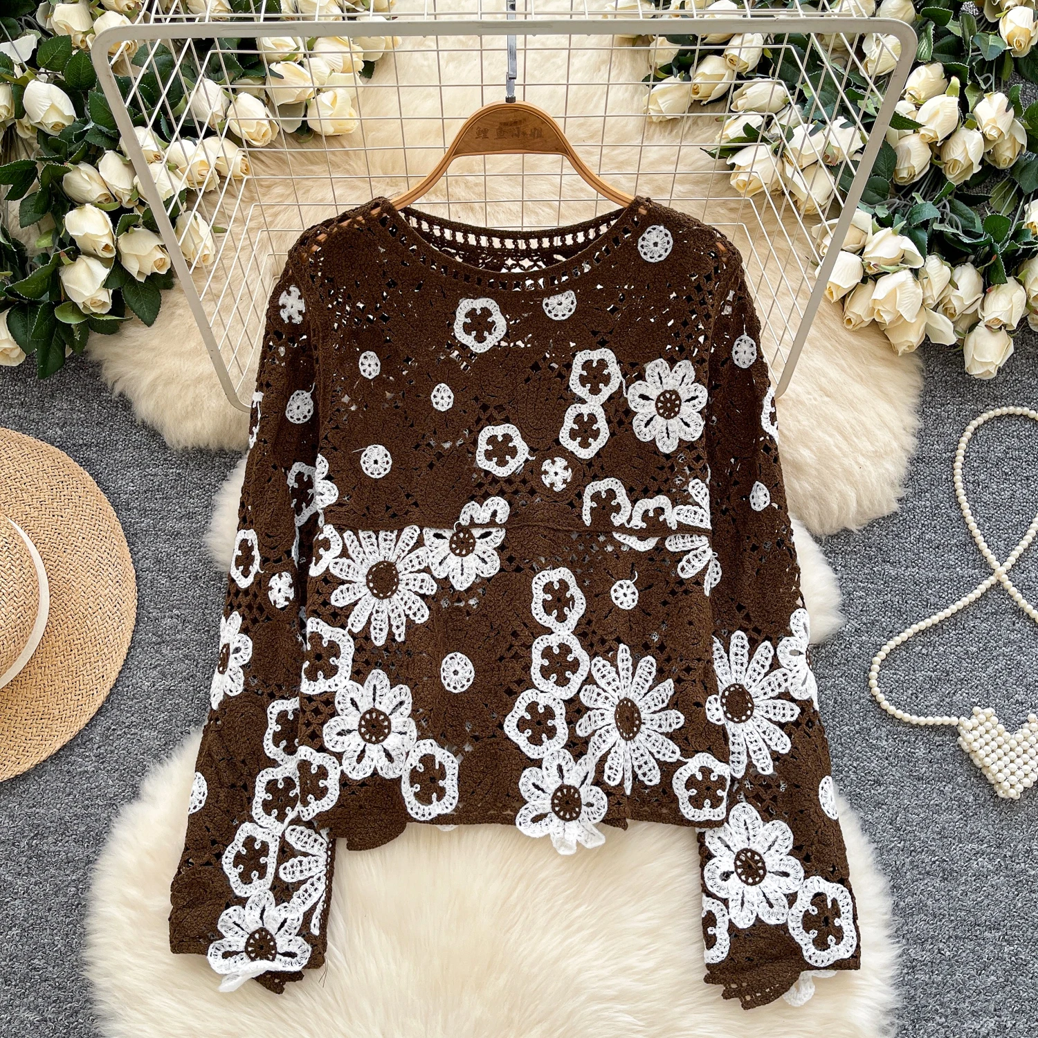 

Retro Bohemian Hollow Crochet Long-sleeved Knitted Tops For Women 2025 Autumn Vacation Beach Cover-up Sweater