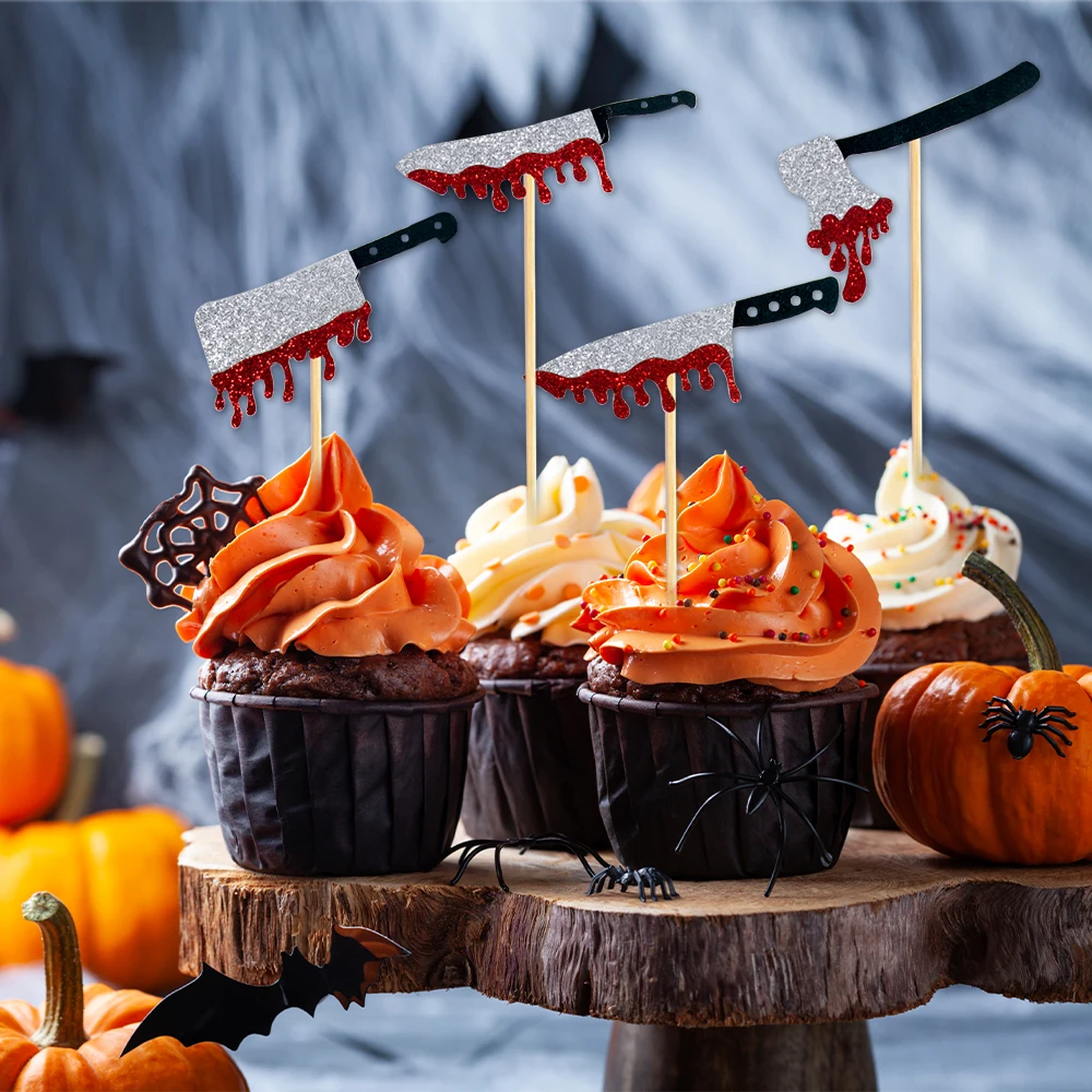 12/24pcs Halloween Bloodstain Knife Cake Toppers Horror Cupcake Toppers Birthday Halloween Dessert  Bread Fruit Decorations