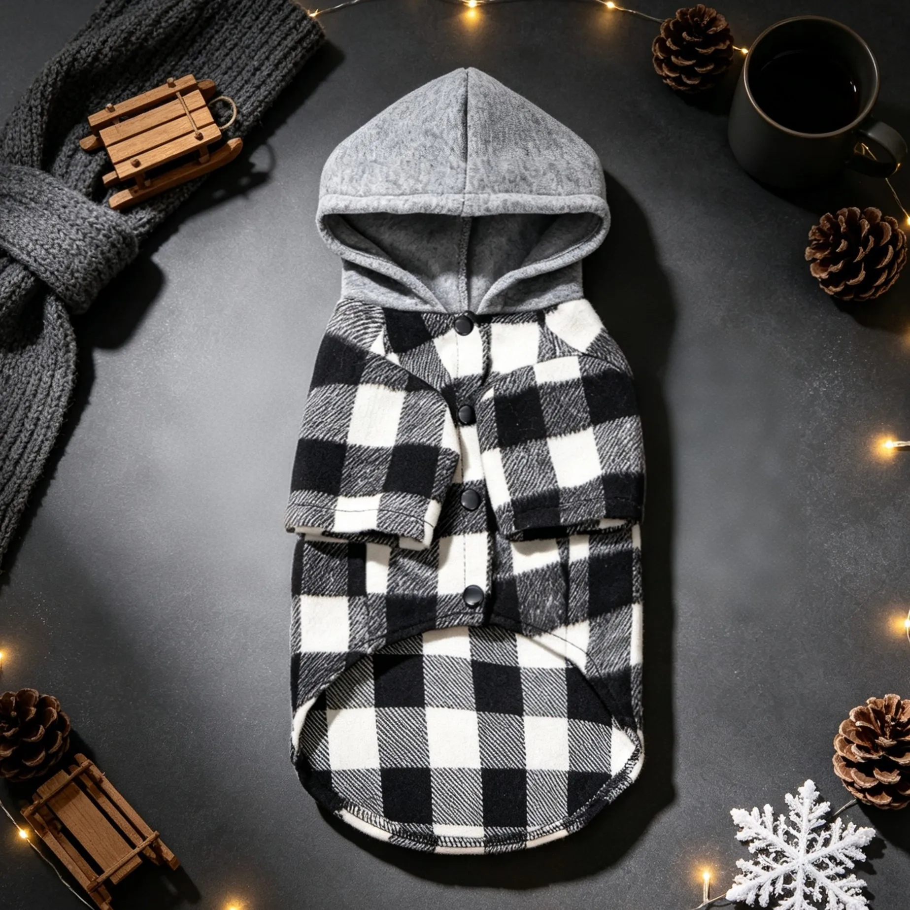 Kleidung für Hunde im Karomuster, Kapuzenjacke für Haustiere, Strickjacke mit Knöpfen für Hunde, Karo-Kapuzenjacke für Haustiere, Oberteil für Hunde mit Tasche. – Detail 12