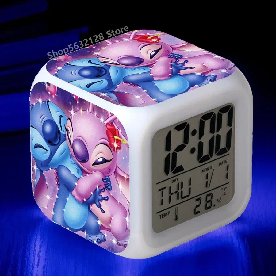 Disney Lilo&Stitch 7color Led Variable Alarm Clock Anime Cartoon Cute PVC Stitchs Figure Toy for Children's Birthday Gifts