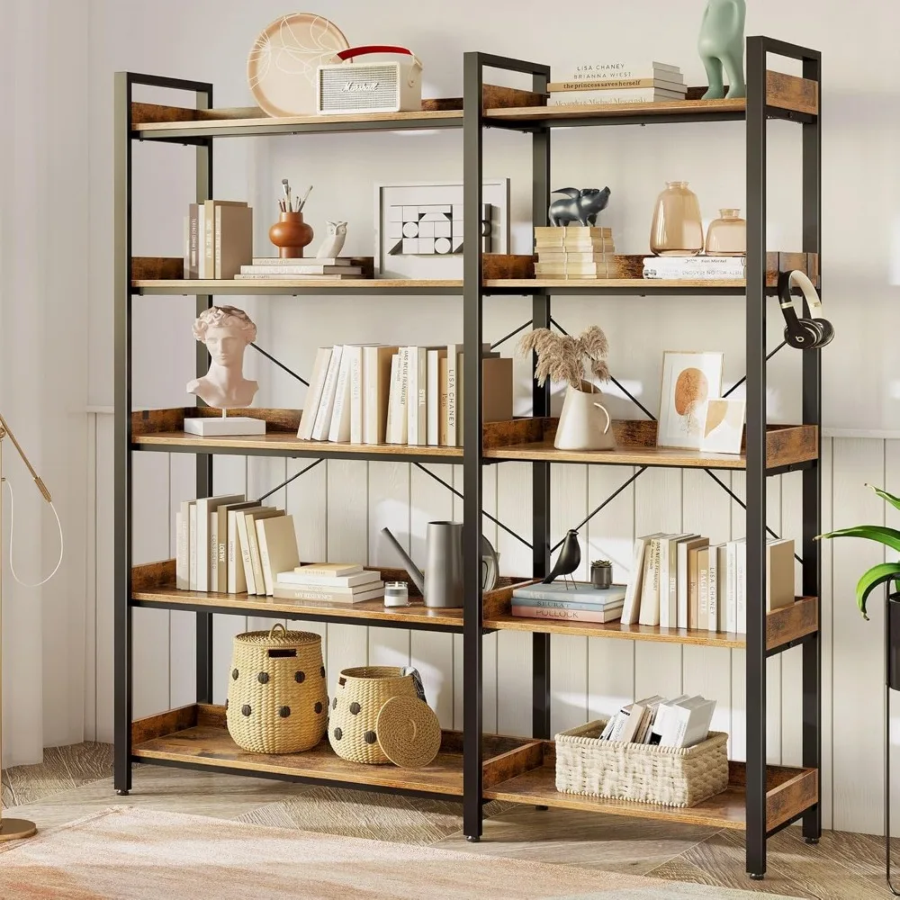 Bookshelf 5 Tier with 4 Hooks, Reversible Corner Bookshelf, 65" Industrial Wooden Bookcase with Open Shelves and Metal Frame