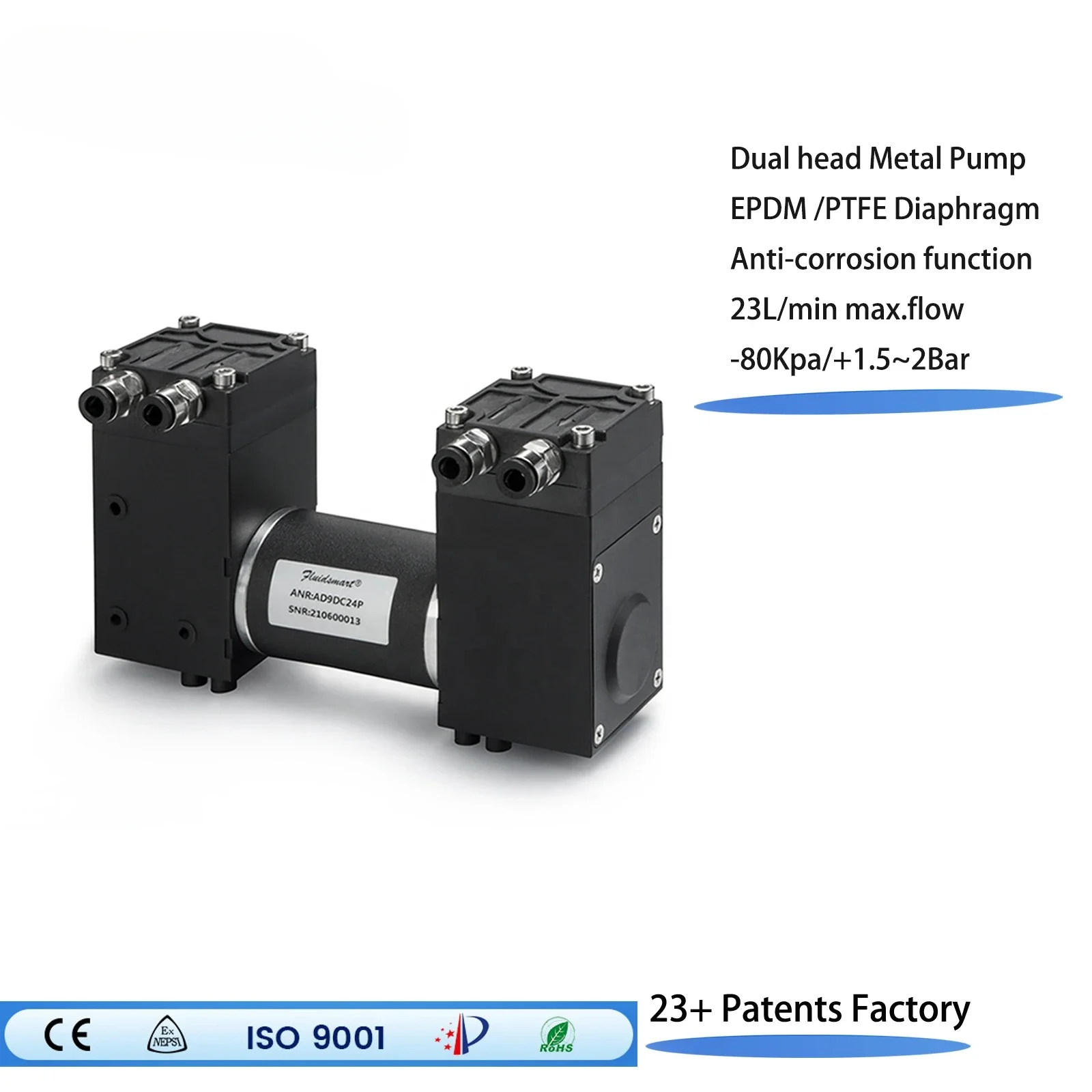 PTFE 부식 방지 마이크로 진공 펌프 브러시 모터, 다이어프램 마이크로 펌프 랩, 24V DC, 23L/min