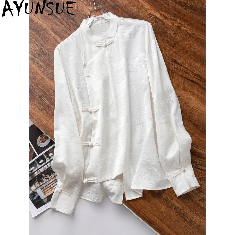 

AYUNSUE 100% шелковые женские блузки и рубашки в китайском стиле, топы с длинными рукавами для женщин, белая рубашка, женская одежда Ropa Para Mujer