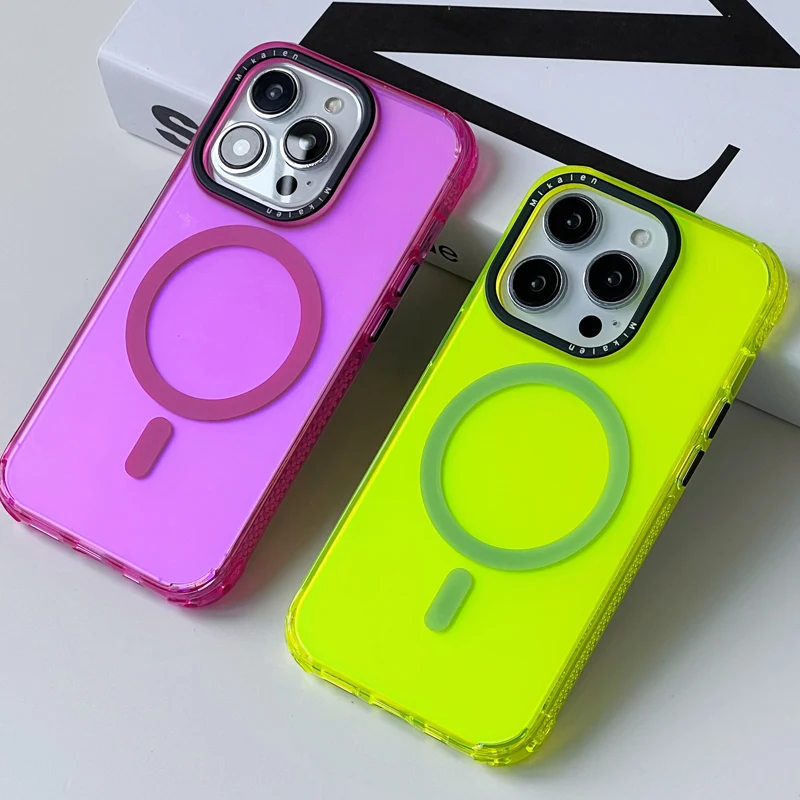 Trendy Neon Color Wireless Charging MagSafe Case for iPhone 16 15 16Pro 15Pro 14Pro 13Pro Max Anti Drop Frosted Protective Cover