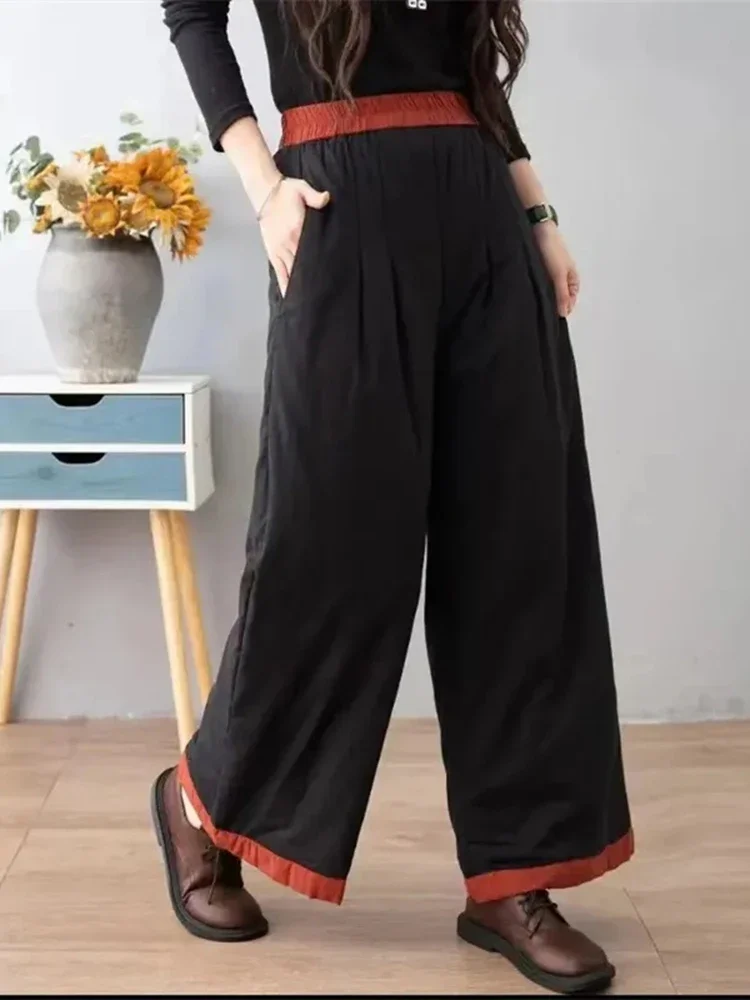 

warm Down Cotton Wide Leg Ankle-length Pants Women Puffy Thicken High Waist Pantalone Casual Snow Wear Ladies Spodnie New Z191