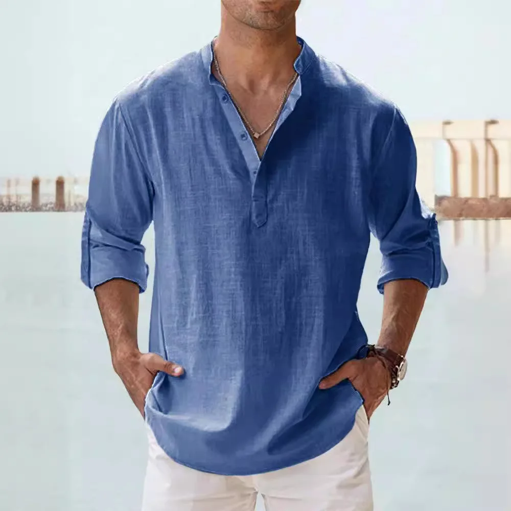 

Summer New Casual Men's Top Shirt Loose Stand-up Collar Sports Color Long-sleeved