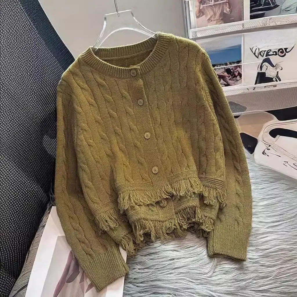 

Korean Style Tassel Knitted Cardigan Jacket Soft Waxy round Neck Solid Color Sweater Top for Autumn Winter Fashion