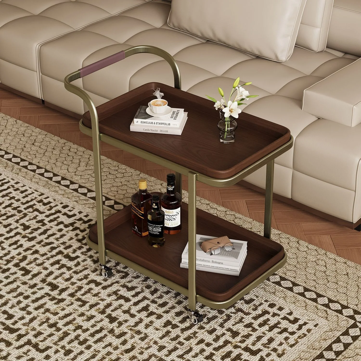 Living room small coffee table dining room balcony mobile wheeled trolley