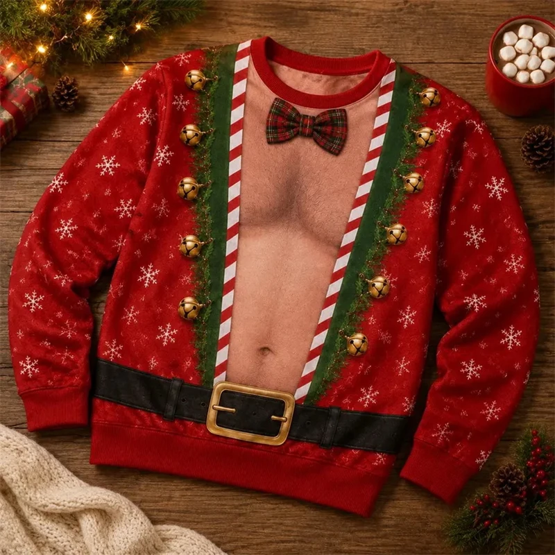 Lustiges Weihnachtsshirt mit Muskel-Weihnachtsmann-Motiv, 3D-Druck, hässlicher Pullover, Rundhalsausschnitt, lange Ärmel, Festtagskostüm, Herren- und Damen-Geschenk. – Detail 6