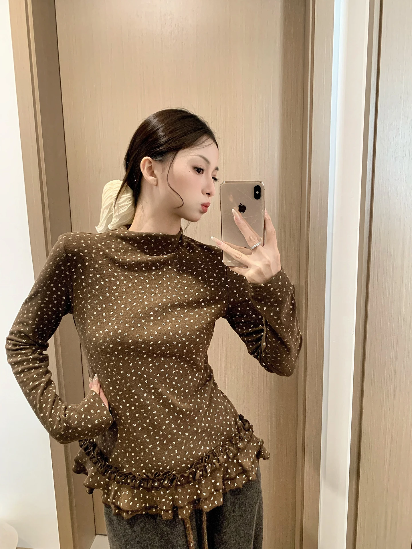 

Floral Print Slim Fit Long Sleeve Half High Collar Women's T-Shirt Autumn Winter New Style Base Layer Shirt Inner Short Top