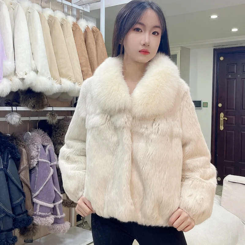 Hot sale women winter long style 100% real rabbit fur coat with fox fur collar Warm thick rabbit fur jacket Female real fur coat