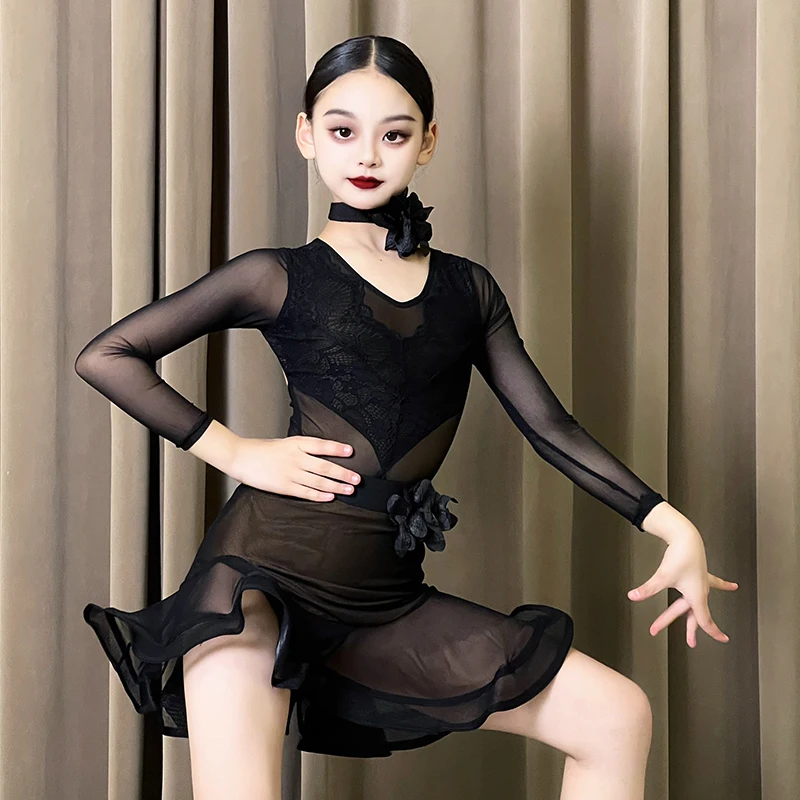 ที่กําหนดเองชุดเต้นรําละตินหญิงฝึกเสื้อผ้าการฝึกอบรมชุดสีแดงสีดําตาข่าย 2 ชิ้นการแข่งขันเต้นรําบอลรูมชุด