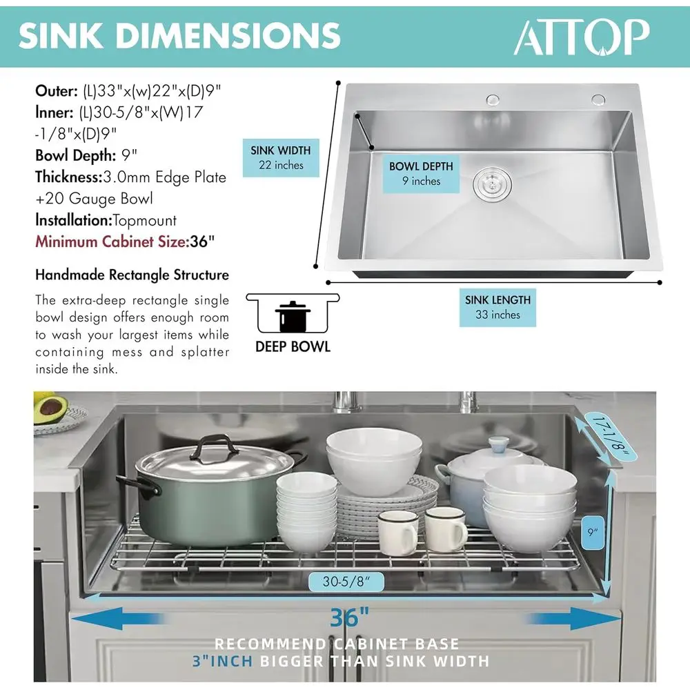 33 Inch Large Single Bowl Drop in Kitchen Sink | Nano Coating, Stainless Steel, Handmade, Single Bowl, Topmount