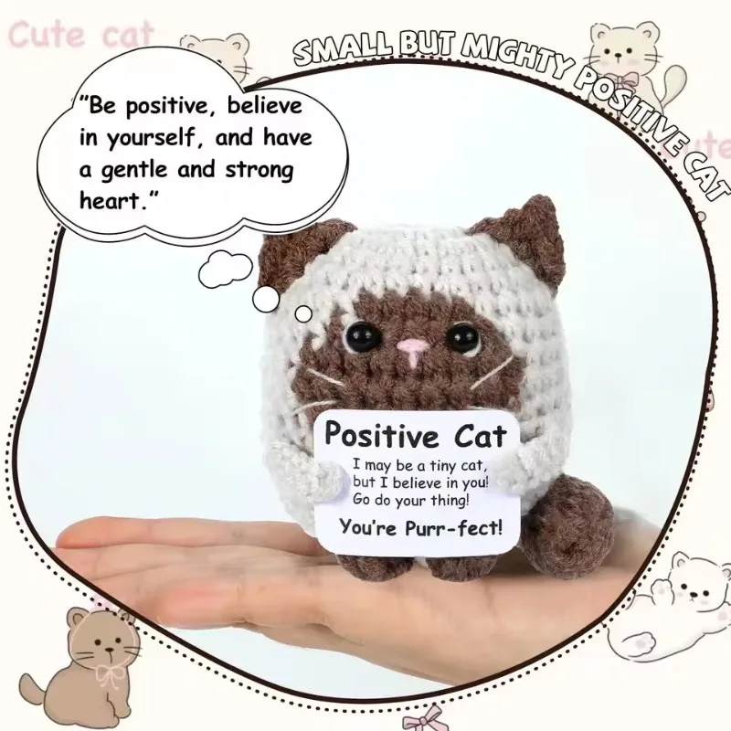 Hand-Knitted Positive Energy Cat:Crochet Emotional Inspiration Gift Birthday Christmas Support Stocking Stuffer Friends Students